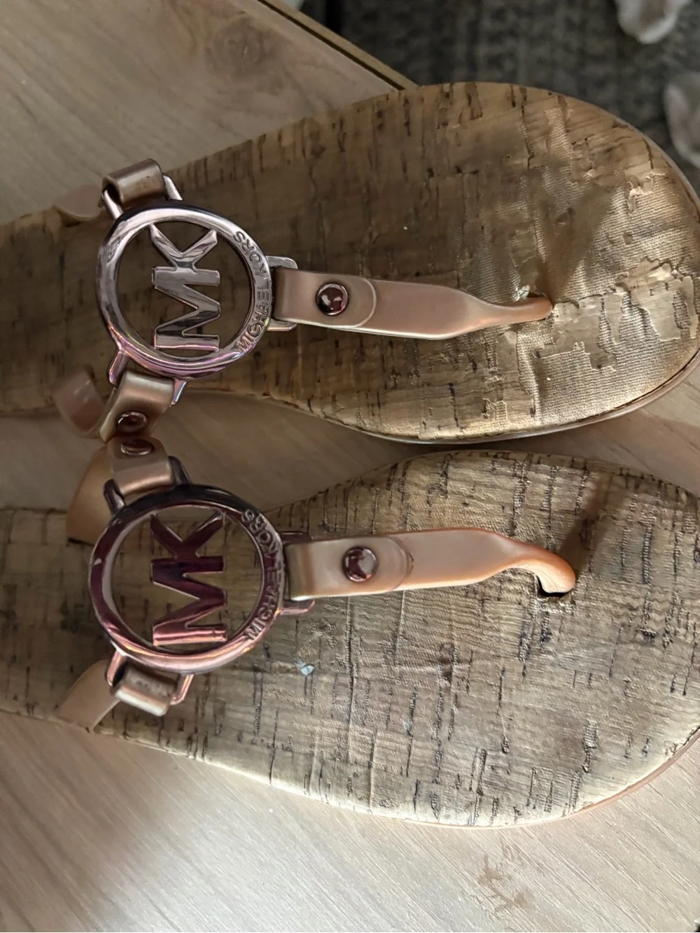 Women’s Metallic cork Rose Gold Logo Thong Sandals